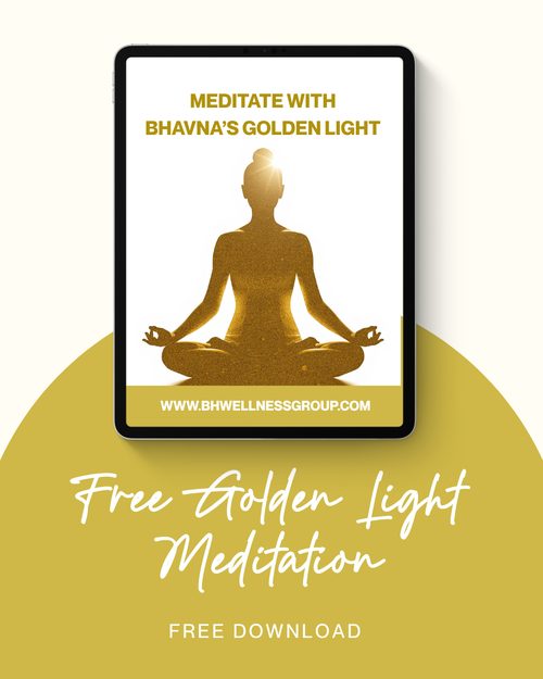 Free Golden Light Meditation, a free download, shown on a tablet with a gold figure seated in meditation