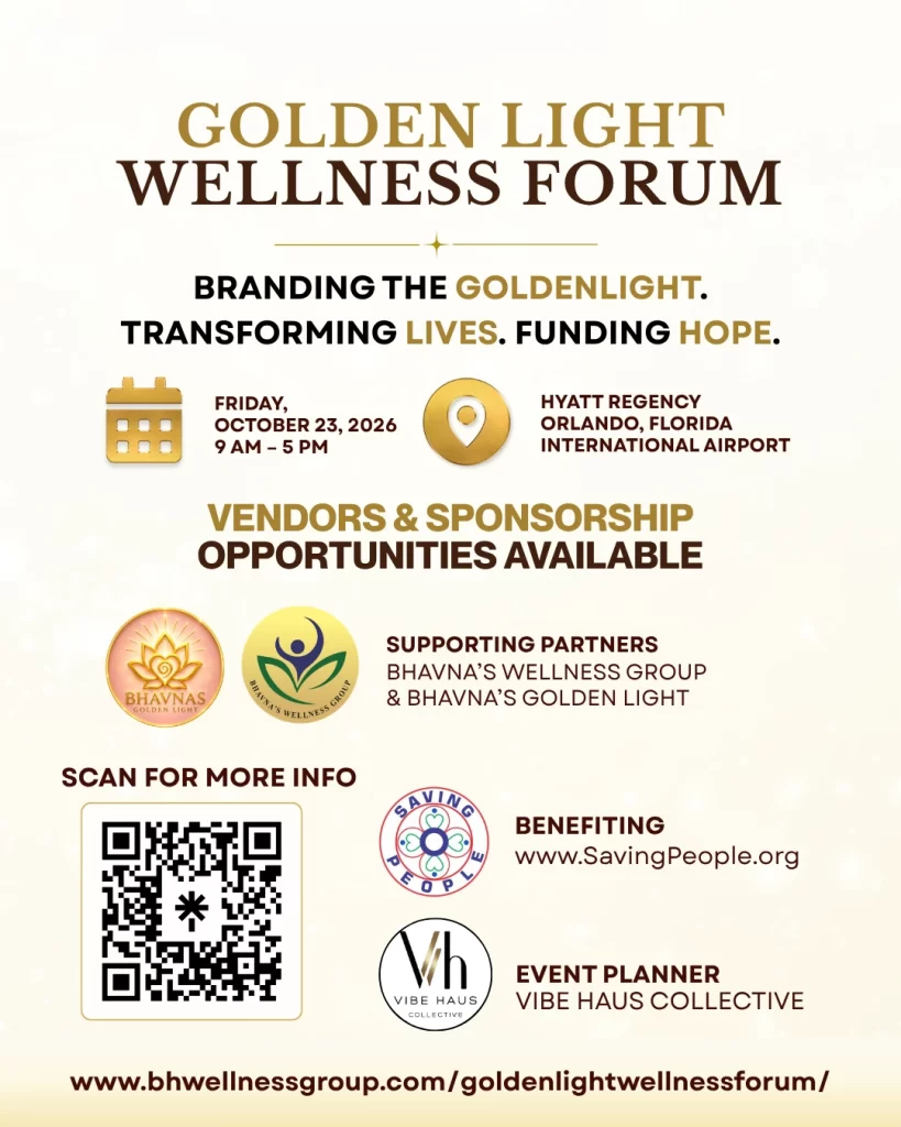 Golden Light Wellness Forum poster. Friday 23 October 2026, 9am to 5pm, Hyatt Regency Orlando International Airport, Florida. Vendor and sponsorship opportunities available.